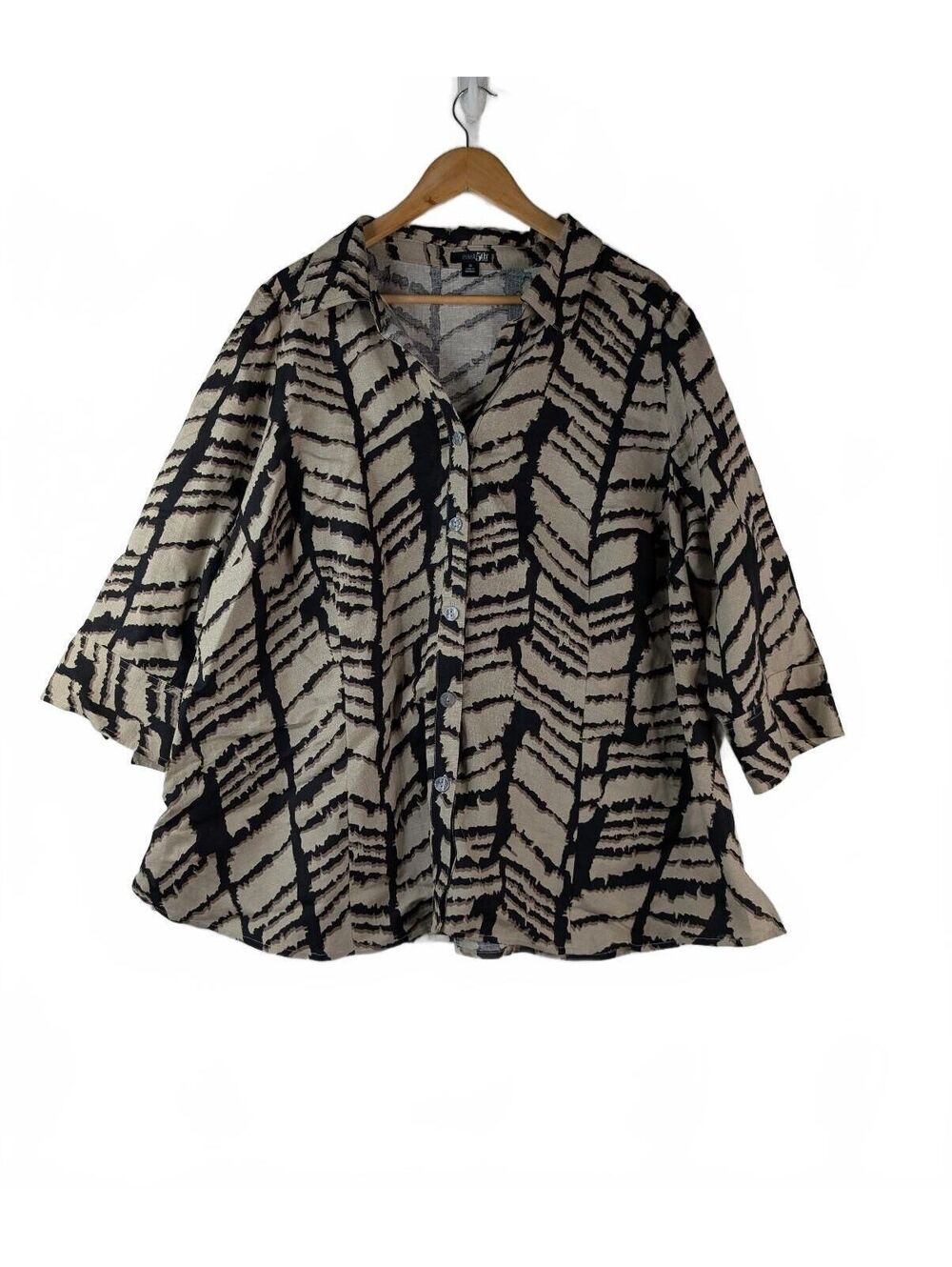 East 5th Linen-Blend Button-Down Shirt in Tan/Black Abstract Geometric Print 3X